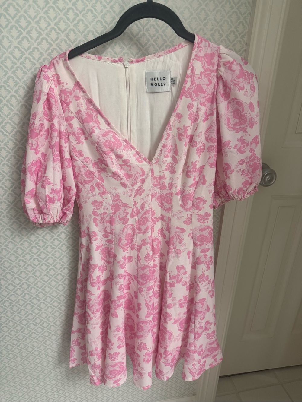 Hello Molly White and Pink Floral V-Neck Puff Sleeve Mini Dress